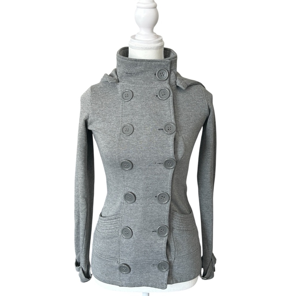 Y2K “SWS” Grey Peacoat Style Button-up Jacket with High Collar Detail
